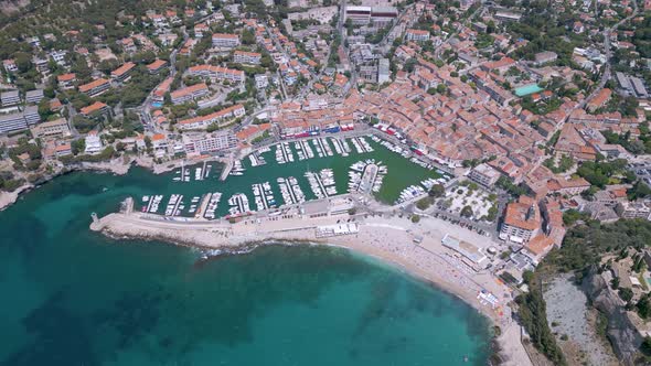 Drone view of Cassis town on the Mediterranean coast in Provence, France