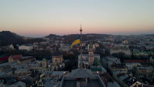 Aerial View of Ukrainian Lviv City Beautiful Old European Architecture