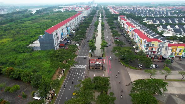 aerial view of cars drive at cross road. Nobody cityscape. Traffic highway transportation