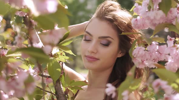 Woman at Blossoming Sakura Tree on Nature