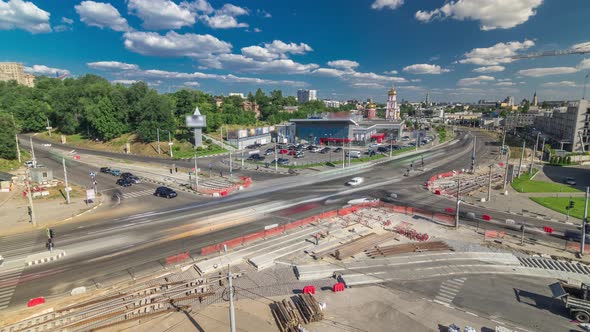 Aerial View of a Large City Intersection with Road Construction Site Urban Works Timelapse