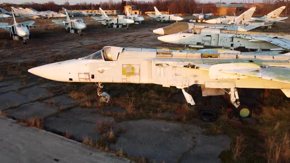 Aerial Drone View Flight Over Parking Lot of Old Dismantled Aircraft