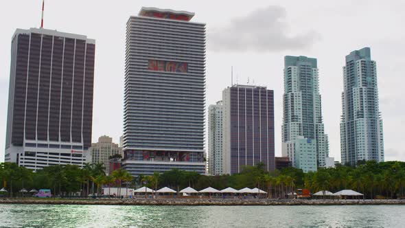 Tall buildings and trees seen on the waterfront