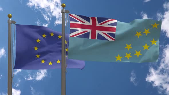 European Union Flag Vs Tuvalu Flag On Flagpole