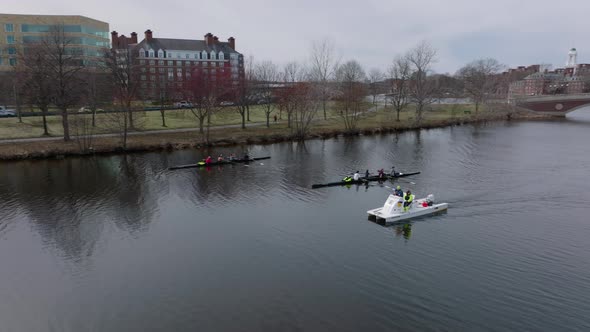 Aerial View of Two Sports Rowing Boats Waiting for Start During Training on Charles River