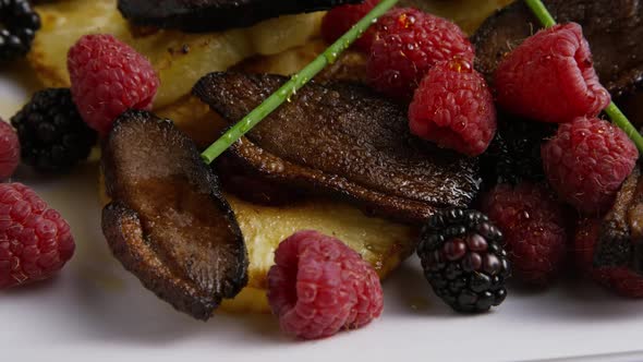 Rotating - smoked duck bacon with grilled pineapple, raspberries, blackberries and honey 