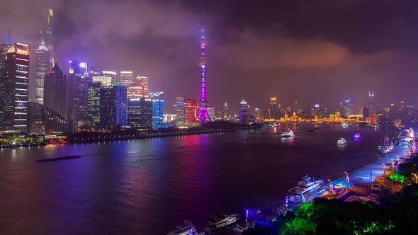 Shanghai Boats Sail Along Night Huangpu River Timelapse