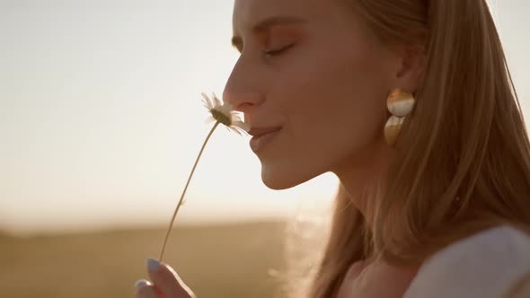 A Happy Woman is Sniffing of Chamomile on Field at Sunset