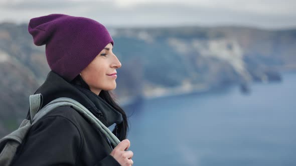 Closeup Happy Hiker Woman Backpack Contemplating Amazing Nature Sea Landscape From Mountain Peak