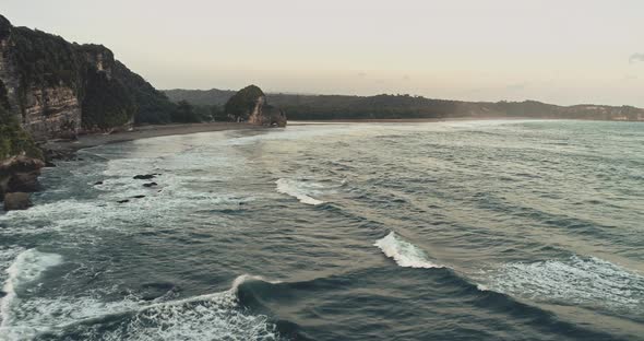 Seascape Slow Motion with Mist Over Sea Bay Aerial View