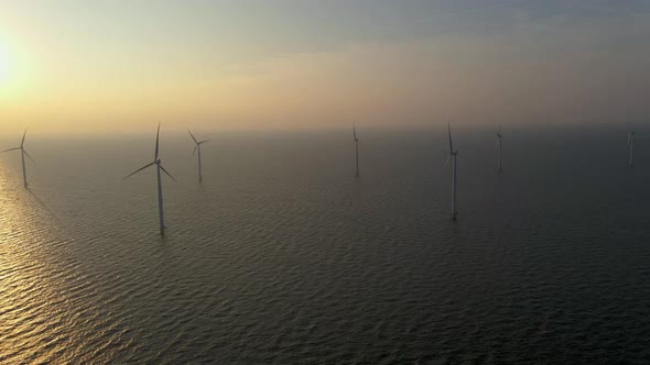 Windmills for Electric Power Production Netherlands Flevoland Wind Turbines Farm in Sea Windmill