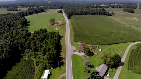 Aerial view of country road with cars commuting with cornfields and trees surrounding on a nice sunn