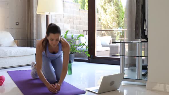 Beautiful fitness woman doing a plank exercise watching online tutorials on laptop, training in livi