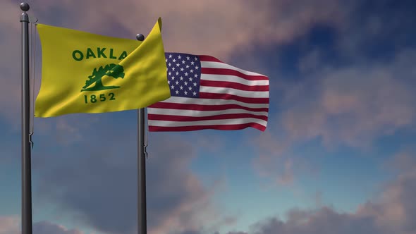 Oakland City Flag Waving Along With The National Flag Of The USA - 4K