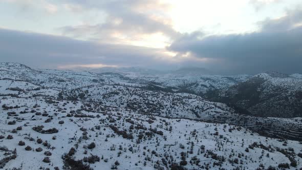 Winter Forest High Mountains Covered with Snow Aerial View of the Snowy Hills