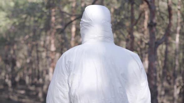 Unknown Man in White Protective Suit Walking in Spring Forest or Park on Sunny Day. Guy Spending