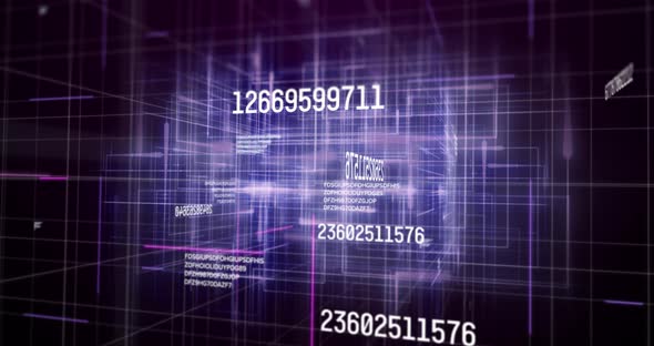 White numbers changing and data processing over glowing purple grid on black background alt