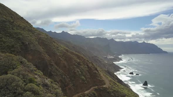 Birds Eye View of Beautiful Tropical Landscape, Coastline, Mountains Covered By Forest and Dramatic