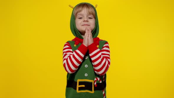 Kid Christmas Elf Santa Helper Costume Begs Prays About Gifts New Year