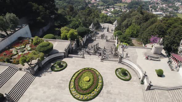 Aerial top-down circling over stairway of Bom Jesus do Monte Sanctuary in Braga, Portugal