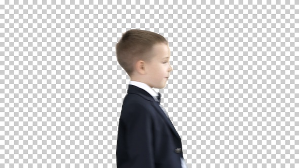 Boy in classic dark blue business costume walking by, Alpha Channel