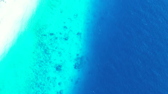 Wide flying copy space shot of a paradise sunny white sand beach and turquoise sea background