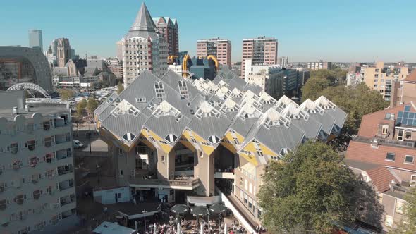 Aerial footage of a modern contemporary designed building in the city of Rotterdam, Netherlands.