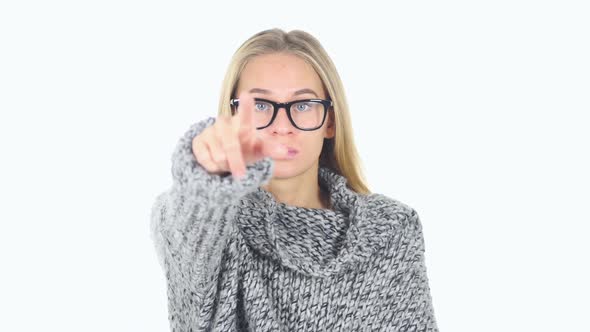 Woman Pointing at Camera White Background