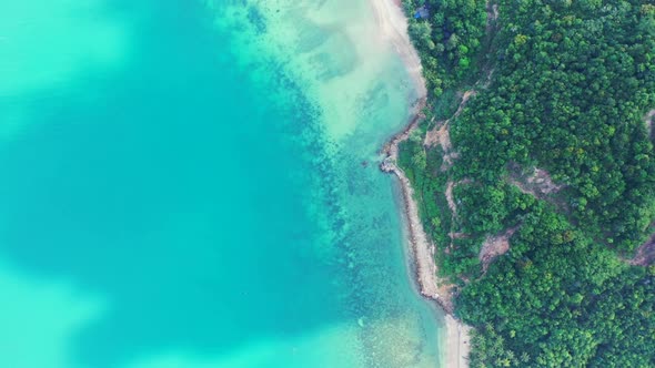 Aerial flying over travel of exotic shore beach time by transparent sea and white sand background of