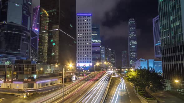 Hong Kong Business District with Busy Traffic Timelapse at Night