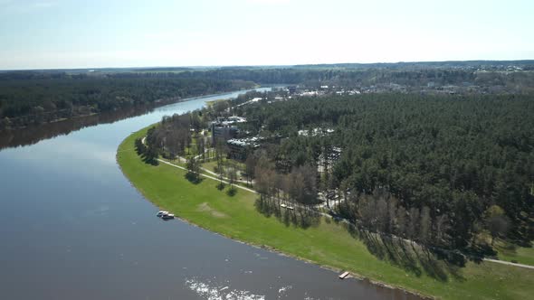 AERIAL: River Nemunas Near Resort Town Birstonas