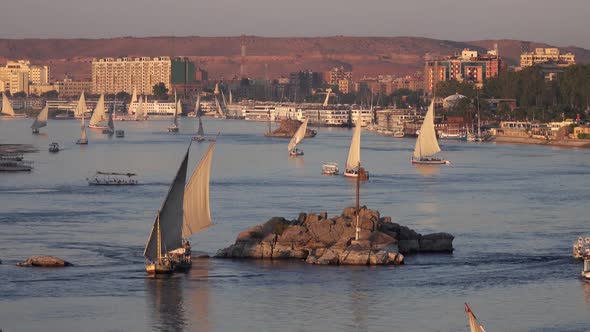 Felucca Boats on Nile River in Aswan at Sunset