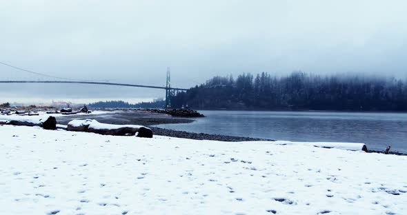 View of suspension bridge and sea