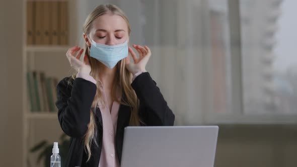 Funny Humorous Business Woman Worker in Office Sitting at Table Feels Cold Suffering From Flu Virus