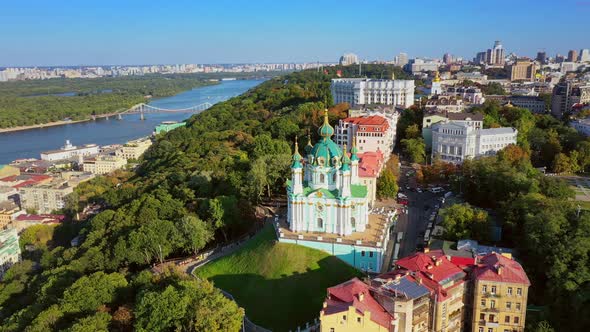 Aerial Drone Video Famous St. Andrews Church and Panorama of Kyiv, Ukraine