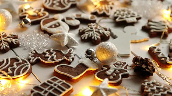 Christmas Sweets Composition. Gingerbread Cookies with Xmas Decorations