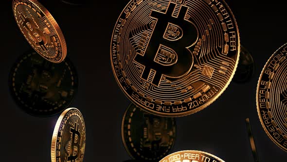 Bitcoin Coins Falling Down Like Rain Looping Background