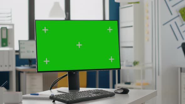 Close Up of Green Screen on Computer in Empty Business Office