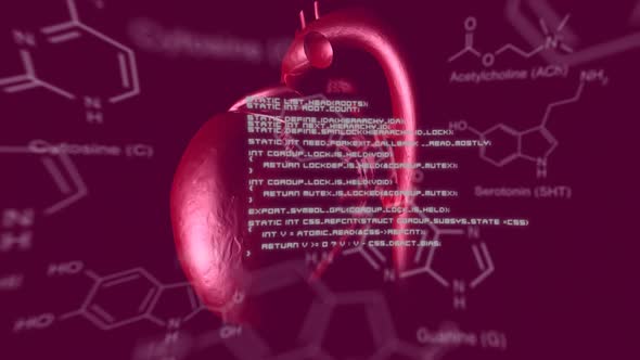 Human heart with data and structural formula of chemical compounds