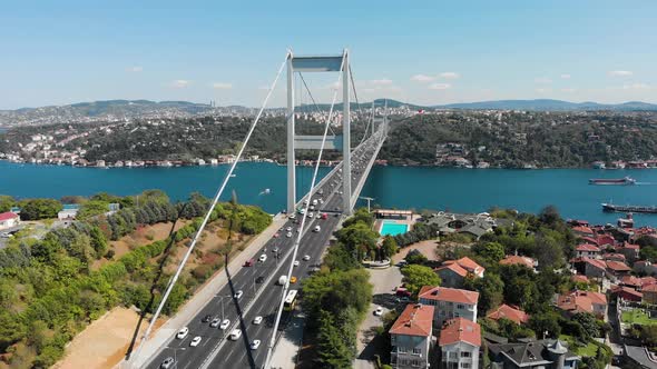 Aerial view of Fatih Sultan Mehmet Bridge and car traffic