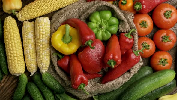 Set of Different Fresh Raw Vegetables in the Wooden Tray Wood Background Top View