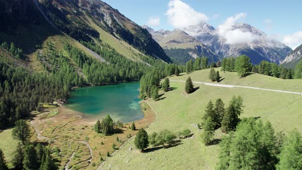 Aerial View Mountain Valley with Alpine Palpuogna Lake in Albulapass Swiss Alps