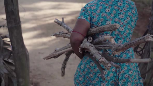 Indian Village Woman Carries Fire Wood