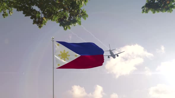 Philippines Flag With Airplane And City 