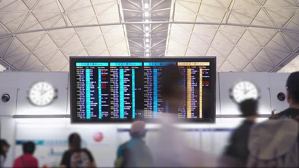 Tourists at International Airport Terminal Flight Timetable. Travel Concept Time lapse