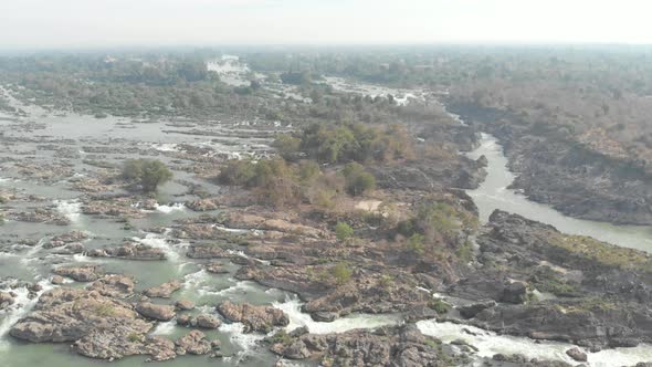 Aerial: flying over Don Det and the 4000 islands Mekong River in Laos