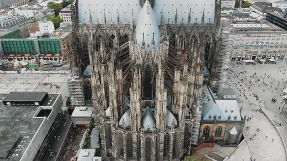 Drone footage of the German landmark, the famous Cologne Cathedral, and surrounding city.