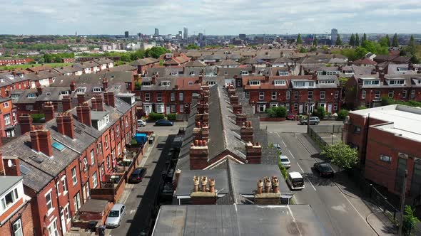 Aerial drone footage of the British town centre of Armley in Leeds West Yorkshire in the UK