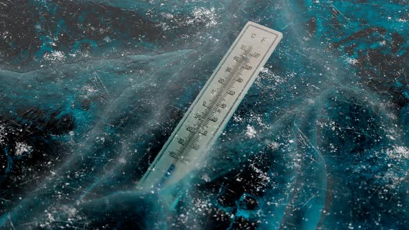 The thermometer trapped in the thick ice.Extremely low temperature.Freezing cold