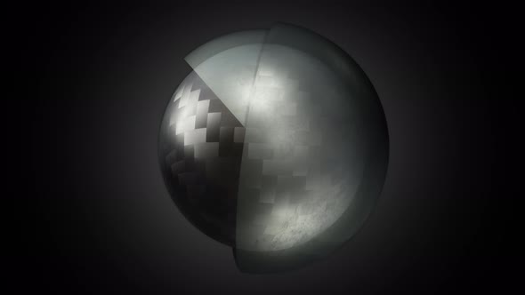 Animation of a carbon fiber textured sphere rotating and covered with two orbiting grey dirty glass